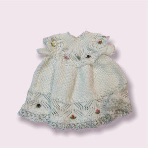 HANDMADE White Knitted Flower Accent Infant Baby Christening Baptism Dress